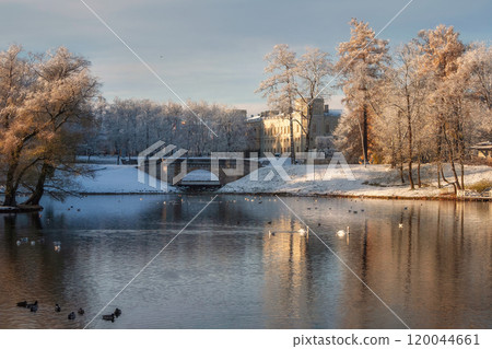 late autumn landscape with a Palace by the lake 120044661
