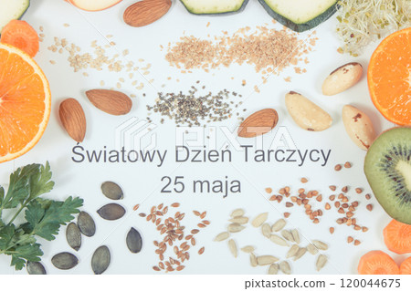 Nutritious ingredients and polish inscription World Thyroid Day 25 May Nutritious ingredients and polish inscription World Thyroid Day 25 May 120044675