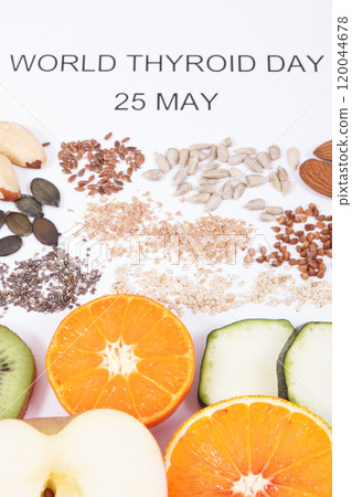 Inscription World Thyroid Day 25 May and best ingredients for healthy thyroid. White background Inscription World Thyroid Day 25 May and best ingredients for healthy thyroid. White background 120044678
