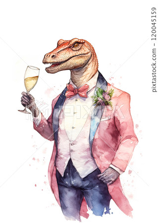 A dinosaur dressed in a suit and tie holding a glass of champagne A dinosaur dressed in a suit and tie holding a glass of champagne 120045159