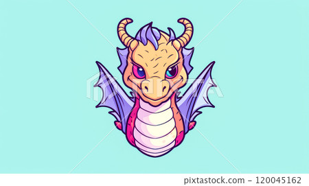 A cartoon dragon with a pink and blue body and yellow horns 120045162