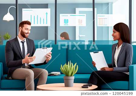 Three women are sitting in chairs in a room, each holding a piece of paper. 120045199