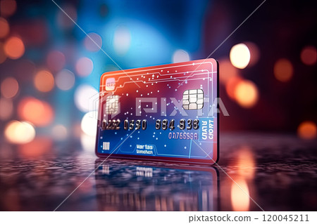 A credit card with a colorful design is shown on a table. 120045211
