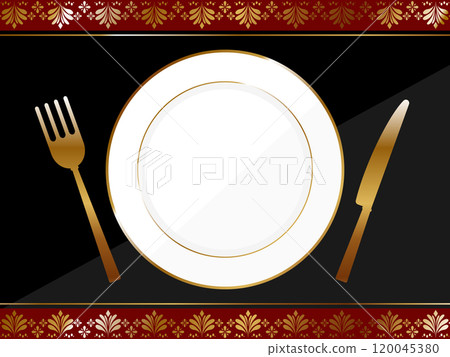 Luxurious plates and cutlery, forks and knives Luxurious plates and cutlery, forks and knives 120045380
