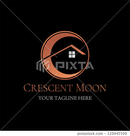 Logo design graphic concept creative premium vector stock image graphic crescent moon home line roof house on night stars Related to property mortgage 120045509