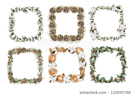 Christmas frames with traditional winter plants. Set of watercolor hand painted isolated rustic floral illustrations for Christmas winter design, holiday prints and greeting cards, gift tags, labels 120045786