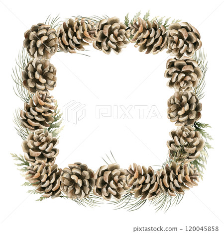 Pine Cone Frame with pine and cedar branches. Watercolor hand painted isolated floral illustrations for Christmas design, winter or autumn decor, botanical posters, holiday prints, greeting cards 120045858