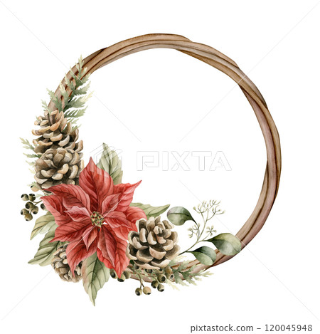 Wooden wreath with red poinsettia flower, pine cones, cedar and eucalyptus branches. Watercolor hand drawn isolated vintage floral illustration for Christmas winter design, cards, holiday prints 120045948