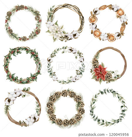 Christmas Wreaths with traditional winter plants. Holiday home decors. Set of watercolor hand painted isolated rustic floral illustrations for Christmas winter design, holiday prints and cards 120045956