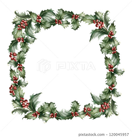 Holly Berry Branches with red berries. Frame with traditional Christmas plant. Watercolor hand painted floral illustration isolated on white background for winter holiday design, cozy cards, prints 120045957
