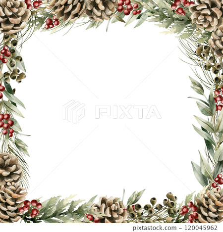 Christmas Frame with pine cones, red berries, pine, cedar and eucalyptus branches. Watercolor hand painted isolated floral illustration for Christmas winter design, botanical cards, holiday prints 120045962