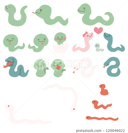 A set of various deformed snake character illustrations 120046022