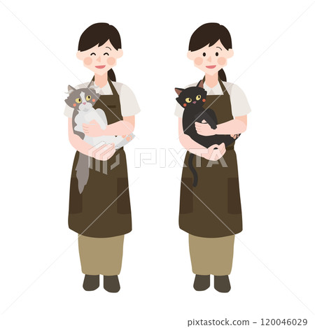 A pet groomer woman holding a cat Hand-drawn vector illustration 120046029