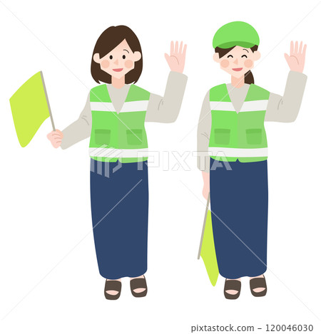 Traffic control mother, green lady patrol, hand-drawn vector illustration 120046030