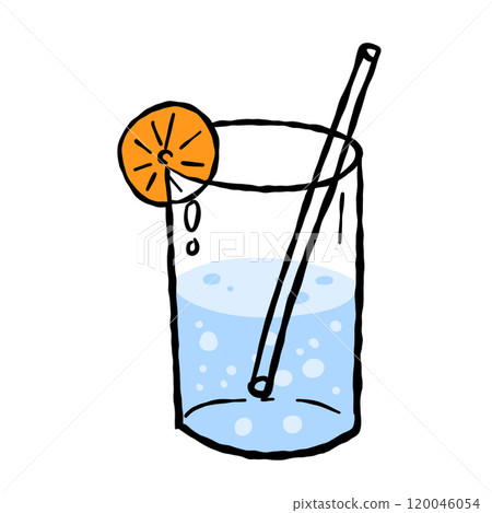 Water glass. Cartoon cup with blue juice. Cold mineral cocktail. Hand drawn fresh refreshment beverage. Summer glassware with water. Pure vodka drink with straw Water glass. Cartoon cup with blue juice. Cold mineral cocktail. Hand drawn fresh refreshment beverage. Summer glassware with water. Pure vodka drink with straw 120046054