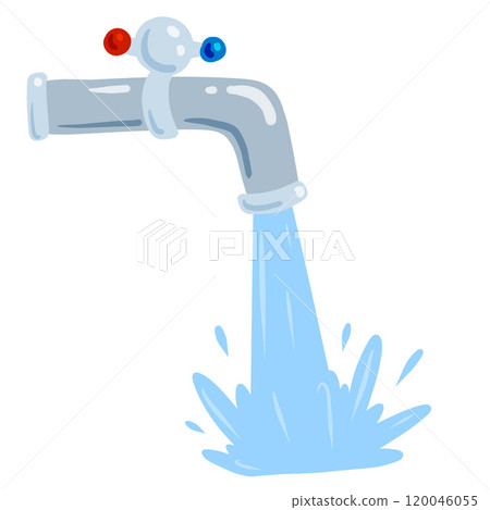 Water tap. Plumbing droplet, pour and flow cartoon illustration. Faucet and blue flowing liquid Water tap. Plumbing droplet, pour and flow cartoon illustration. Faucet and blue flowing liquid 120046055