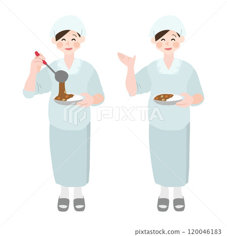 A woman serving food in the cafeteria/dining room Hand-drawn vector illustration 120046183