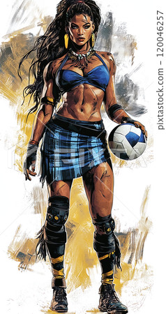 Powerful female warrior posing with volleyball in hand 120046257