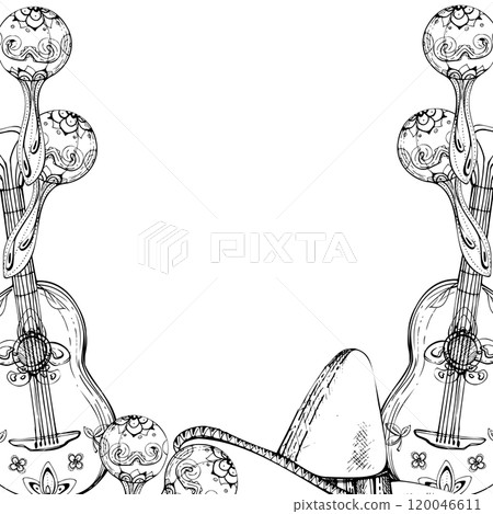 Mexican symbols sombrero hat, guitar maracas mariachi musical instruments, floral ornament. Hand drawn ink vector isolated illustration border frame. Design travel, vacation, folk concert brochure 120046611