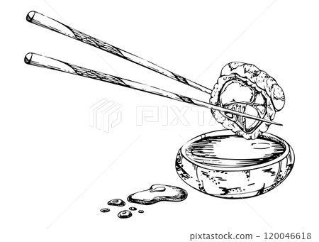 Japanese food sushi rolls on chopsticks with raw fish salmon avocado tuna, shrimp tempura sesame with soy sauce bowl, hand drawn in vector pen, ink. Illustration for restaurant, cafe menu, recipe book 120046618