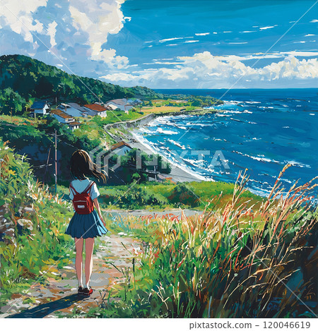A female student's summer as she gazes upon a seaside rural town 120046619