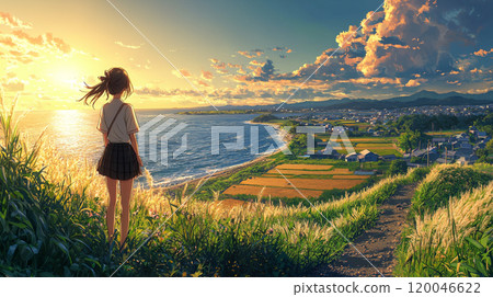 A female student's summer as she gazes upon a seaside rural town A female student's summer as she gazes upon a seaside rural town 120046622