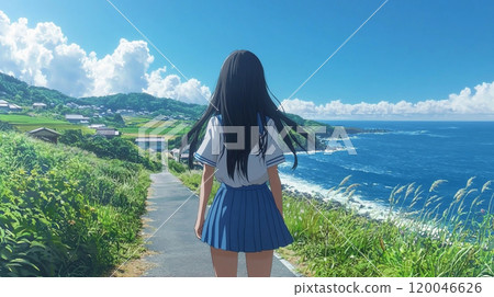 A female student's summer as she gazes upon a seaside rural town 120046626