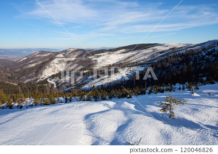 Winter at Silesian Beskid on European Bialy Krzyz in Poland Winter at Silesian Beskid on European Bialy Krzyz in Poland 120046826