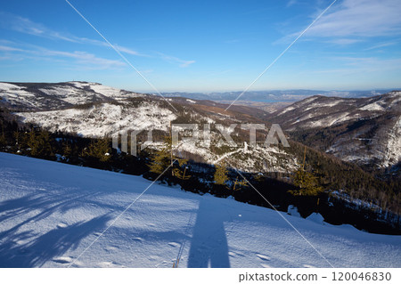 Snowy valley at Silesian Beskid on European Bialy Krzyz in Poland 120046830