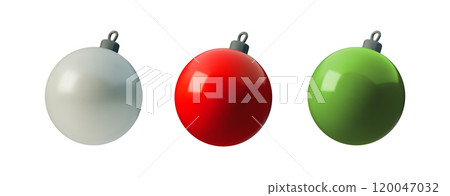Vector set 3D illustration of smooth red, silver and green Christmas ornament balls. Minimalist design, perfect for holiday decorations, festive cards, and New Year themes Vector set 3D illustration of smooth red, silver and green Christmas ornament balls. Minimalist design, perfect for holiday decorations, festive cards, and New Year themes 120047032