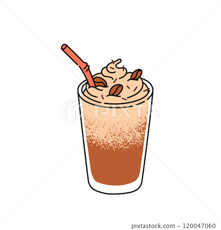 Vibrant vector illustration of a latte with whipped cream, perfect for cafes, restaurants, and coffee lovers. An excellent addition for menus, marketing materials, and decor. 120047060