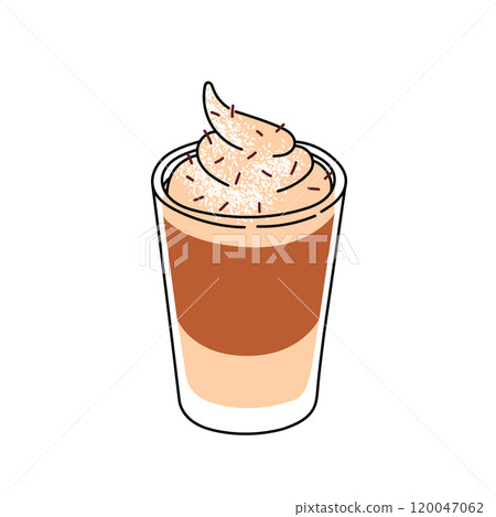 Vibrant vector illustration of a latte with whipped cream, perfect for cafes, restaurants, and coffee lovers. An excellent addition for menus, marketing materials, and decor. 120047062