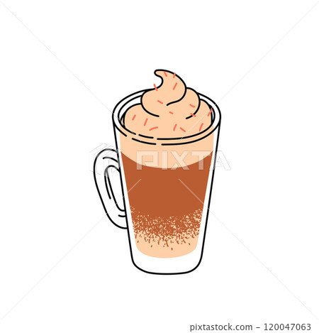 Vibrant vector illustration of a latte with whipped cream, perfect for cafes, restaurants, and coffee lovers. An excellent addition for menus, marketing materials, and decor. Vibrant vector illustration of a latte with whipped cream, perfect for cafes, restaurants, and coffee lovers. An excellent addition for menus, marketing materials, and decor. 120047063