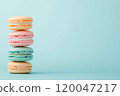 Colorful and various flavors of macarons with copy space on a solid background. 120047217