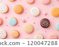 Mixed-flavor cookies on a pastel background with a copy space. 120047288
