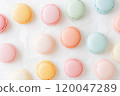 Colorful and various flavors of macarons with copy space on a solid background. 120047289