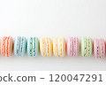 Colorful and various flavors of macarons with copy space on a solid background. 120047291