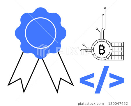 Blue award badge on left, Bitcoin circuit symbol above coding tags on right. Ideal for tech awards, cryptocurrency, programming, blockchain, innovation. Digital and minimalist style, suitable for Blue award badge on left, Bitcoin circuit symbol above coding tags on right. Ideal for tech awards, cryptocurrency, programming, blockchain, innovation. Digital and minimalist style, suitable for 120047432