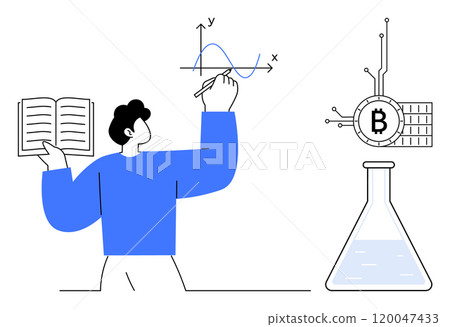 A person holding an open book draws a graph on a whiteboard while a Bitcoin symbol integrates with a technological design and a laboratory flask filled with liquid. Ideal for education technology 120047433