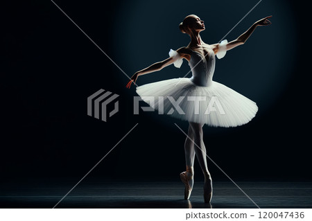 Ballet dancer in white tutu performing on dark stage background. Professional ballerina in elegant pose, illuminated by spotlight. Studio dance portrait. Ballet dancer in white tutu performing on dark stage background. Professional ballerina in elegant pose, illuminated by spotlight. Studio dance portrait. 120047436