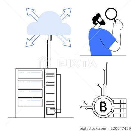 Man examining data, cloud storage connecting to servers, and a Bitcoin symbol with circuitry icons in modern vector style. Ideal for data security, cryptocurrency analysis, cloud computing 120047439