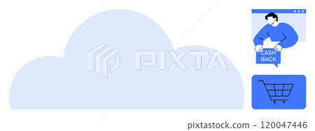Large cloud dominates center. Person holds cash back sign in browser window. Shopping cart icon on bottom right. Ideal for highlighting online shopping benefits cloud technology e-commerce rewards 120047446
