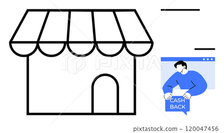 Outline of a small shop with a striped awning next to a figure showing a cashback sign in blue. Ideal for retail promotions e-commerce user engagement loyalty programs and financial incentives 120047456