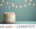 A pastel birthday cake with a light blue background and copy space. 120047475