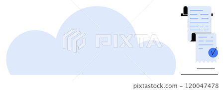 Large light blue cloud with digital rolled receipts indicating verified transactions. Ideal for cloud computing, digital billing, accounting, finance, and paperless transactions. Minimalistic clean 120047478