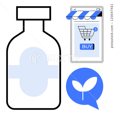 Bottle next to a mobile device displaying an online store with a shopping cart icon. Ideal for online shopping, ecommerce, digital market, health products, green products. Modern simple style Bottle next to a mobile device displaying an online store with a shopping cart icon. Ideal for online shopping, ecommerce, digital market, health products, green products. Modern simple style 120047481