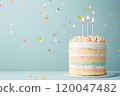 A pastel birthday cake with a light blue background and copy space. 120047482