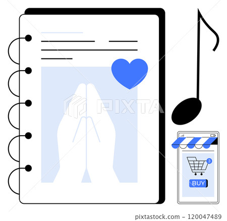 Notebook with hands praying, heart symbol, musical note and smartphone with online shopping cart. Ideal for spirituality, note-taking, e-commerce, music, digital planning Notebook with hands praying, heart symbol, musical note and smartphone with online shopping cart. Ideal for spirituality, note-taking, e-commerce, music, digital planning 120047489