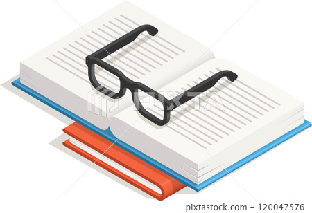 Open book with eyeglasses placed on top, providing an isometric perspective on the act of reading and studying, symbolizing knowledge, learning, and education 120047576
