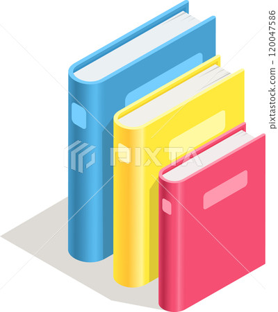 Three colorful books, blue, yellow, and red, stand upright, casting a shadow, in an isometric view, symbolizing learning, knowledge, and the joy of reading 120047586